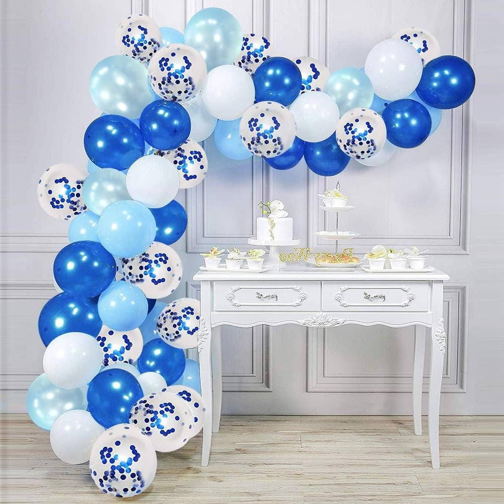 Set 16 Baloane Party din Latex, Metalizate si cu Confetti, Compatibile Heliu, 30 cm, Albastru, Alb si Transparent, 2.8 g