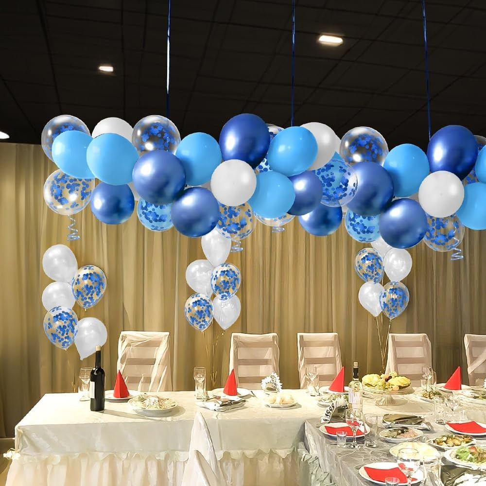 Set 16 Baloane Party din Latex, Metalizate si cu Confetti, Compatibile Heliu, 30 cm, Albastru, Alb si Transparent, 2.8 g