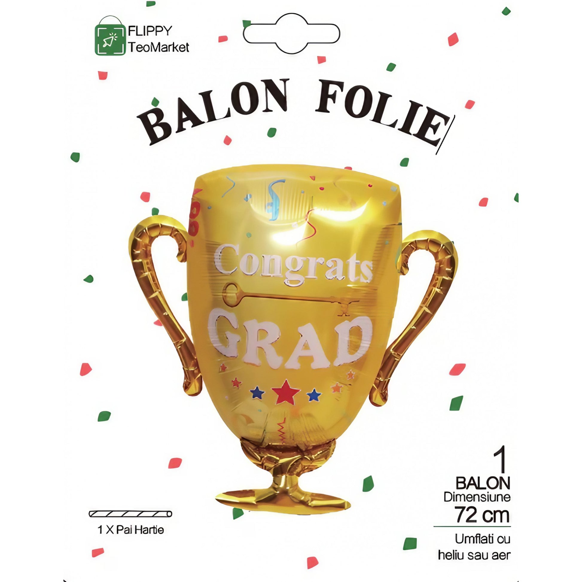 Balon din Folie Metalizata, Figurina Cupa pentru Absolvire, Umflare Aer sau Heliu, Include Pai, Galben, 65x72 cm
