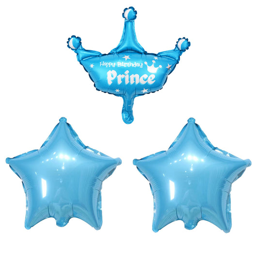Set 3 Baloane din Folie Metalizata, Model Coroana Prince si Stelute, Accesorii Aniversare, Umflare Aer sau Heliu, 40 cm, Albastru