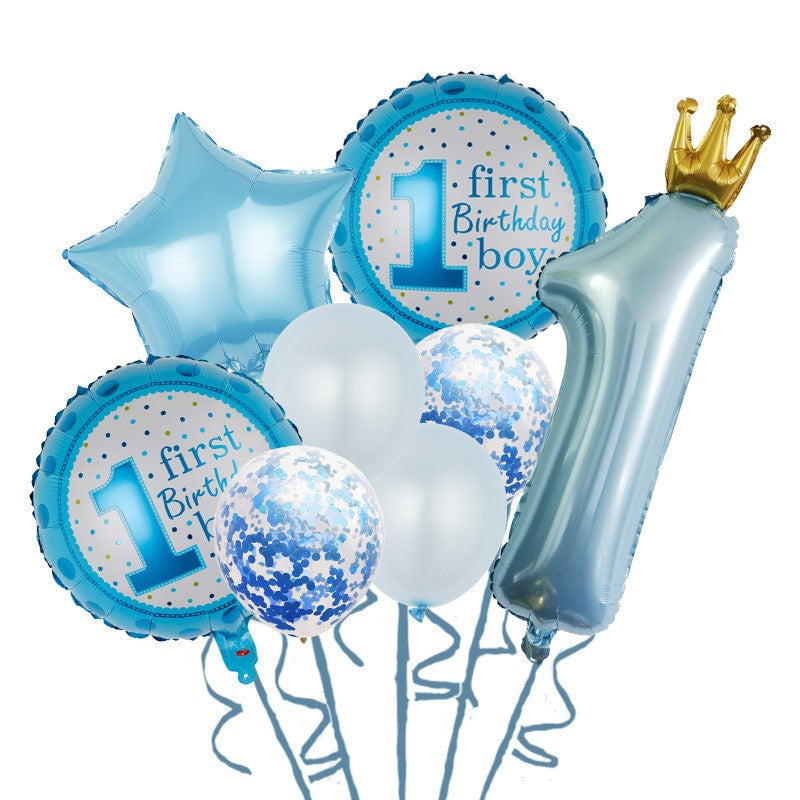 Set 8 Baloane Prima Aniversare, Model Printesa cu Cifra 1, Figurine Folie Metalizata si Latex, Umflare Aer sau Heliu, Albastru, 8 Piese