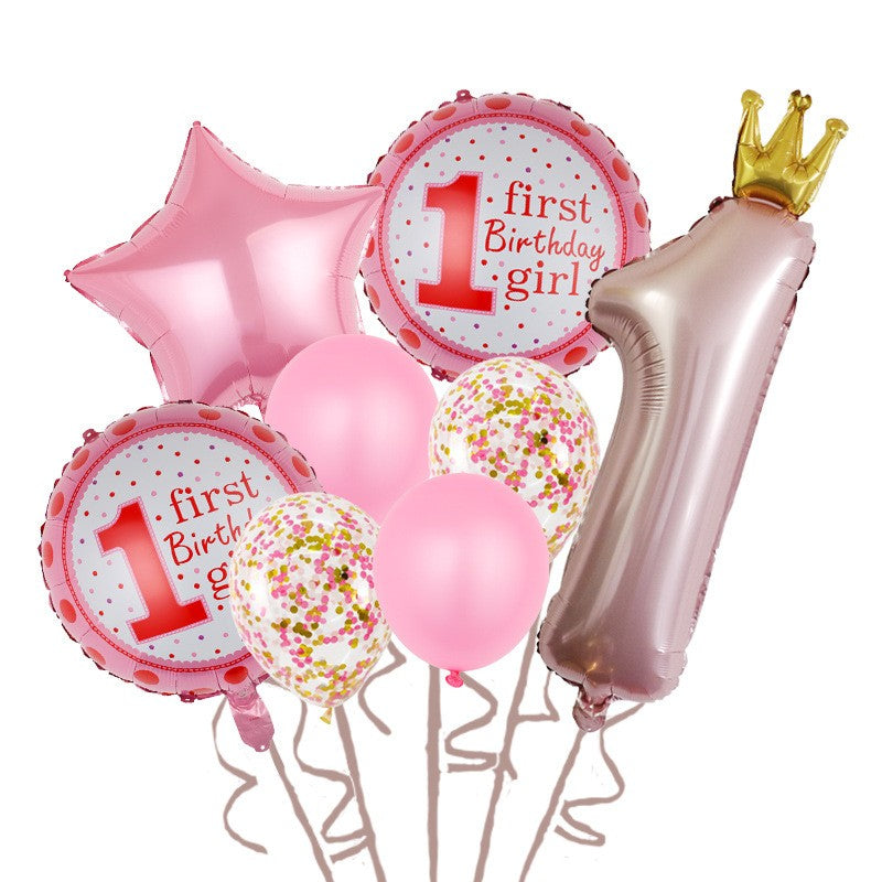 Set 8 Baloane Aniversare Cifra 1 Prințesă, Baloane din Folie Metalizată și Latex, Temă Prima Aniversare, Potrivite pentru Aer sau Heliu, Roz, 8 Bucăți