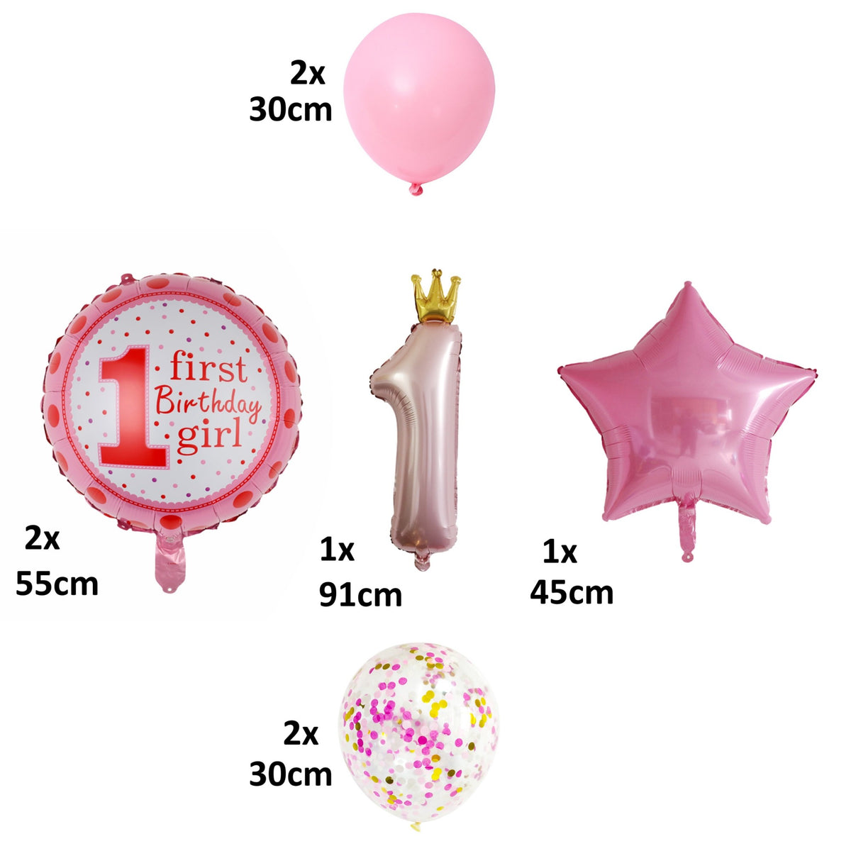 Set 8 Baloane Aniversare Cifra 1 Prințesă, Baloane din Folie Metalizată și Latex, Temă Prima Aniversare, Potrivite pentru Aer sau Heliu, Roz, 8 Bucăți