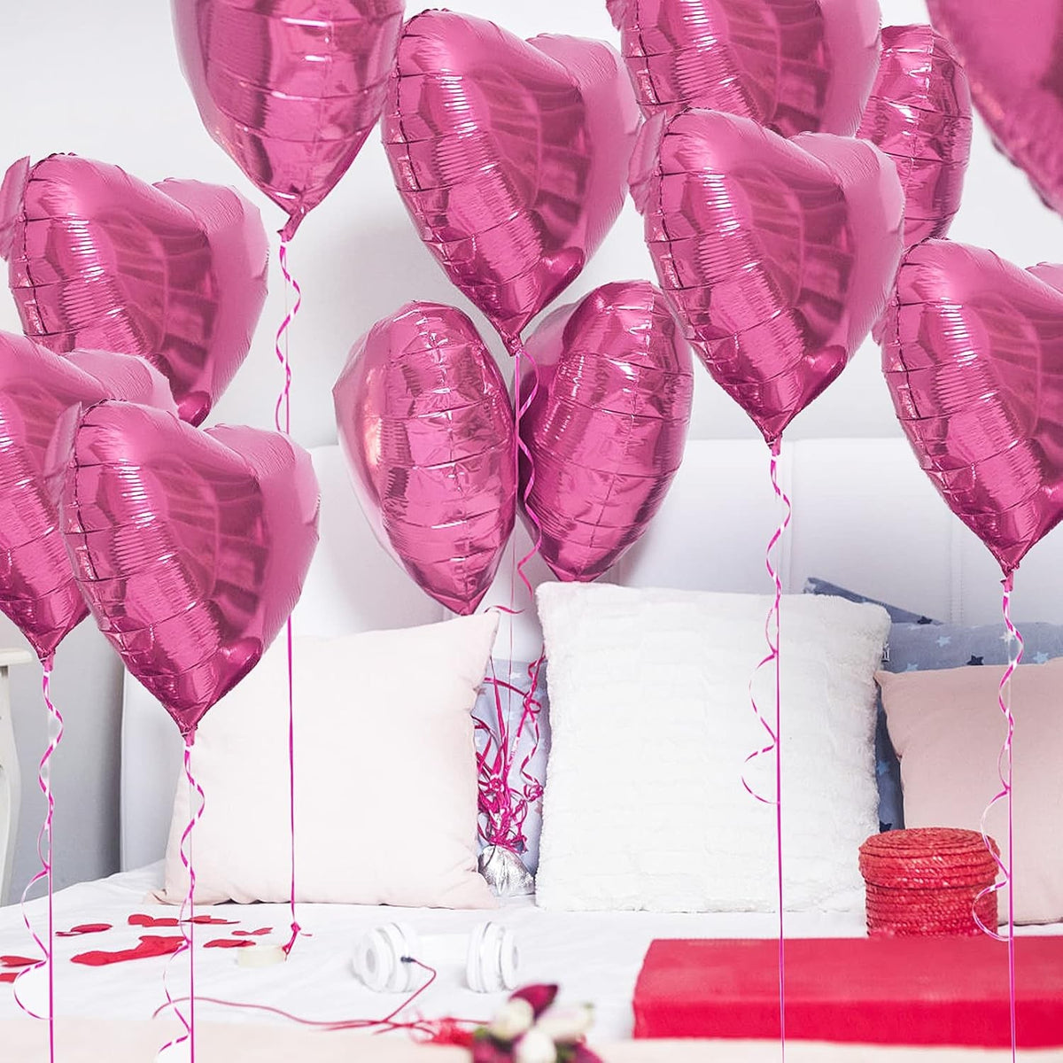 Set 3 Baloane Inimă din Folie Metalizată, Decor Ziua Îndrăgostiților, Umflare Aer sau Heliu, Include Pai, 45 cm, Roz