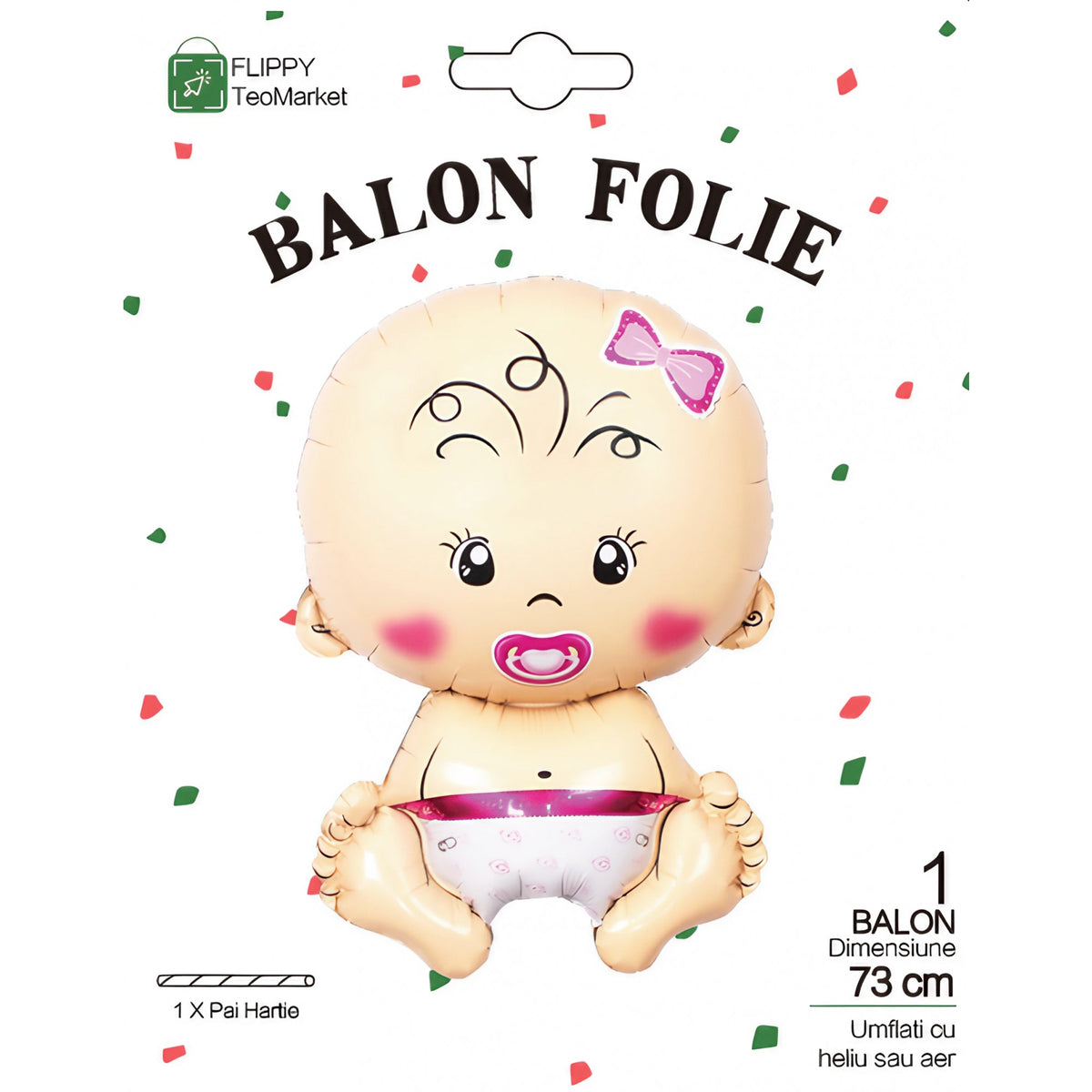 Balon din Folie Metalizata, Figurina Fetita Tema Botez, Umflare Aer sau Heliu, Include Pai, Material Rezistent, 73x48 cm, Roz