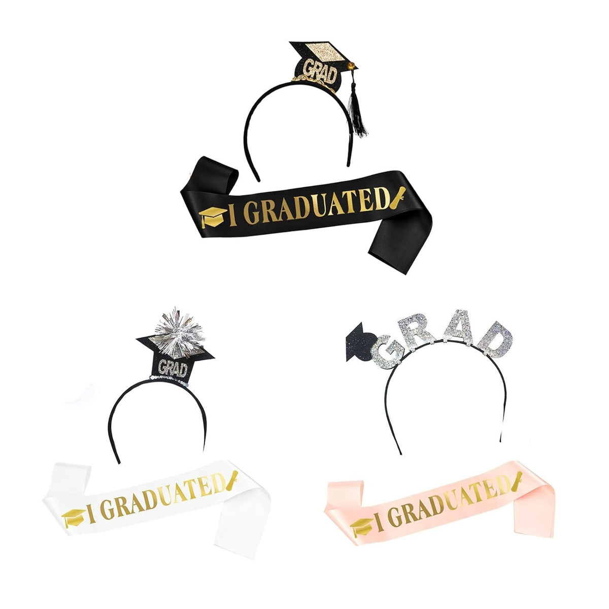 Set Absolvire cu Panglică și Coroniță, Model I Graduated, Accesorii Ceremonie, Material Textil, Negru, 2 Piese