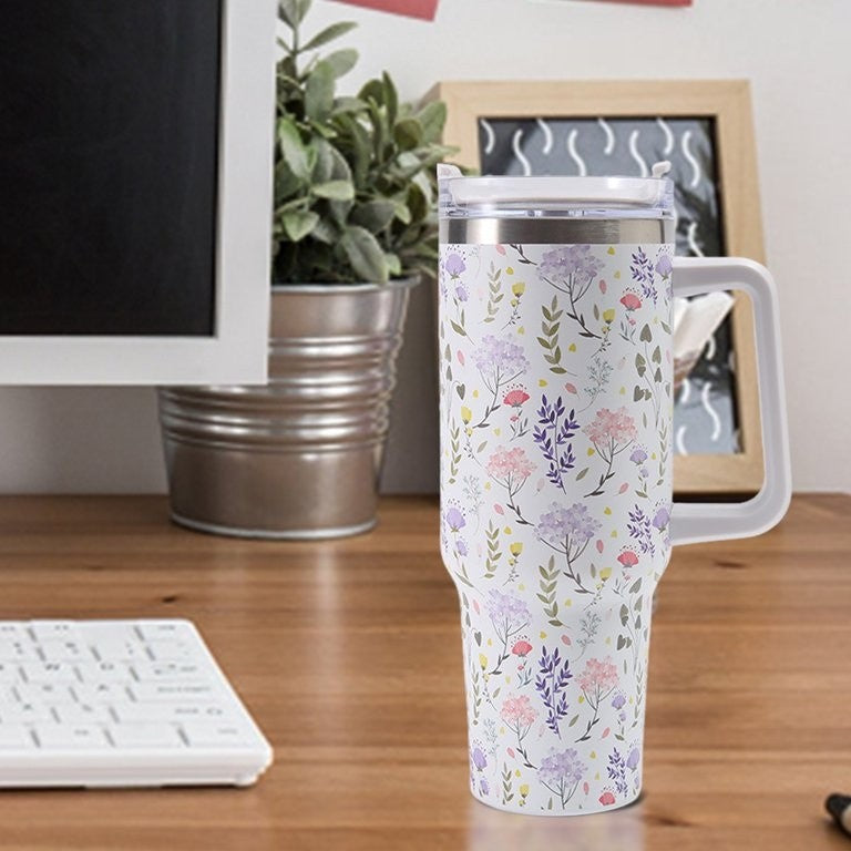 Cana Termos cu Maner pentru Bauturi Calde si Reci, Izolatie Termica Dubla, Otel Inoxidabil si Plastic, Imprimeu Floral, Alb, 1200 ml, 10x7.6x27.5 cm