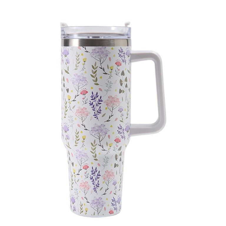 Cana Termos cu Maner pentru Bauturi Calde si Reci, Izolatie Termica Dubla, Otel Inoxidabil si Plastic, Imprimeu Floral, Alb, 1200 ml, 10x7.6x27.5 cm