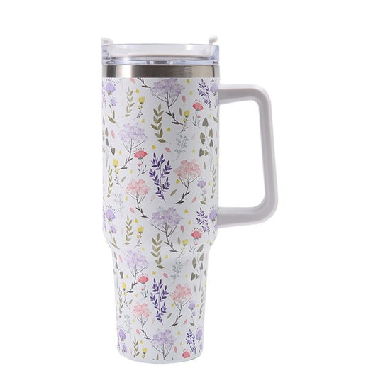 Cana Termos cu Maner pentru Bauturi Calde si Reci, Izolatie Termica Dubla, Otel Inoxidabil si Plastic, Imprimeu Floral, Alb, 1200 ml, 10x7.6x27.5 cm