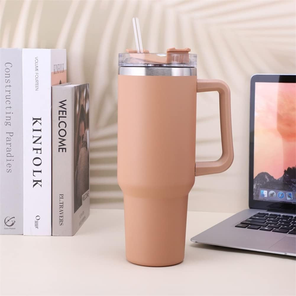 Cană Termos cu Mâner și Pai, Izolare Termică 6 Ore, Interior Oțel Inoxidabil 304, Capacitate 1200 ml, Roz Pal
