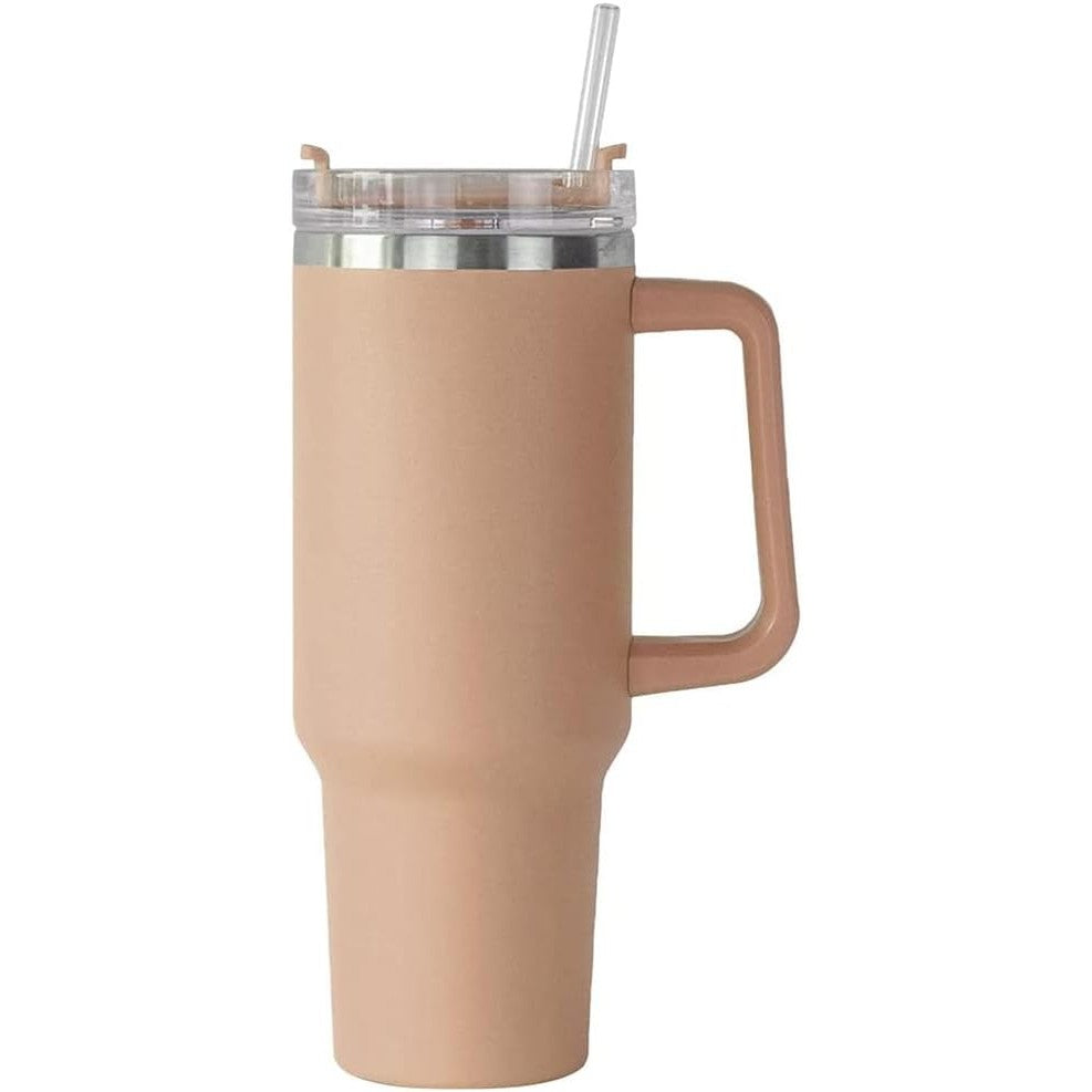 Cană Termos cu Mâner și Pai, Izolare Termică 6 Ore, Interior Oțel Inoxidabil 304, Capacitate 1200 ml, Roz Pal