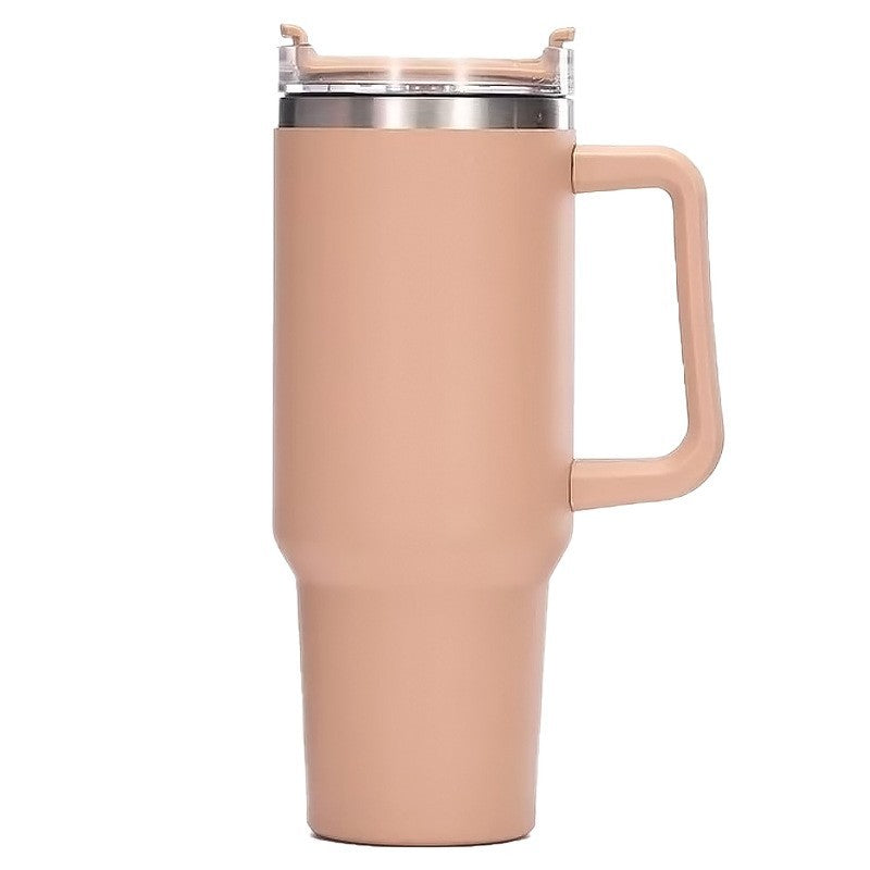 Cană Termos cu Mâner și Pai, Izolare Termică 6 Ore, Interior Oțel Inoxidabil 304, Capacitate 1200 ml, Roz Pal