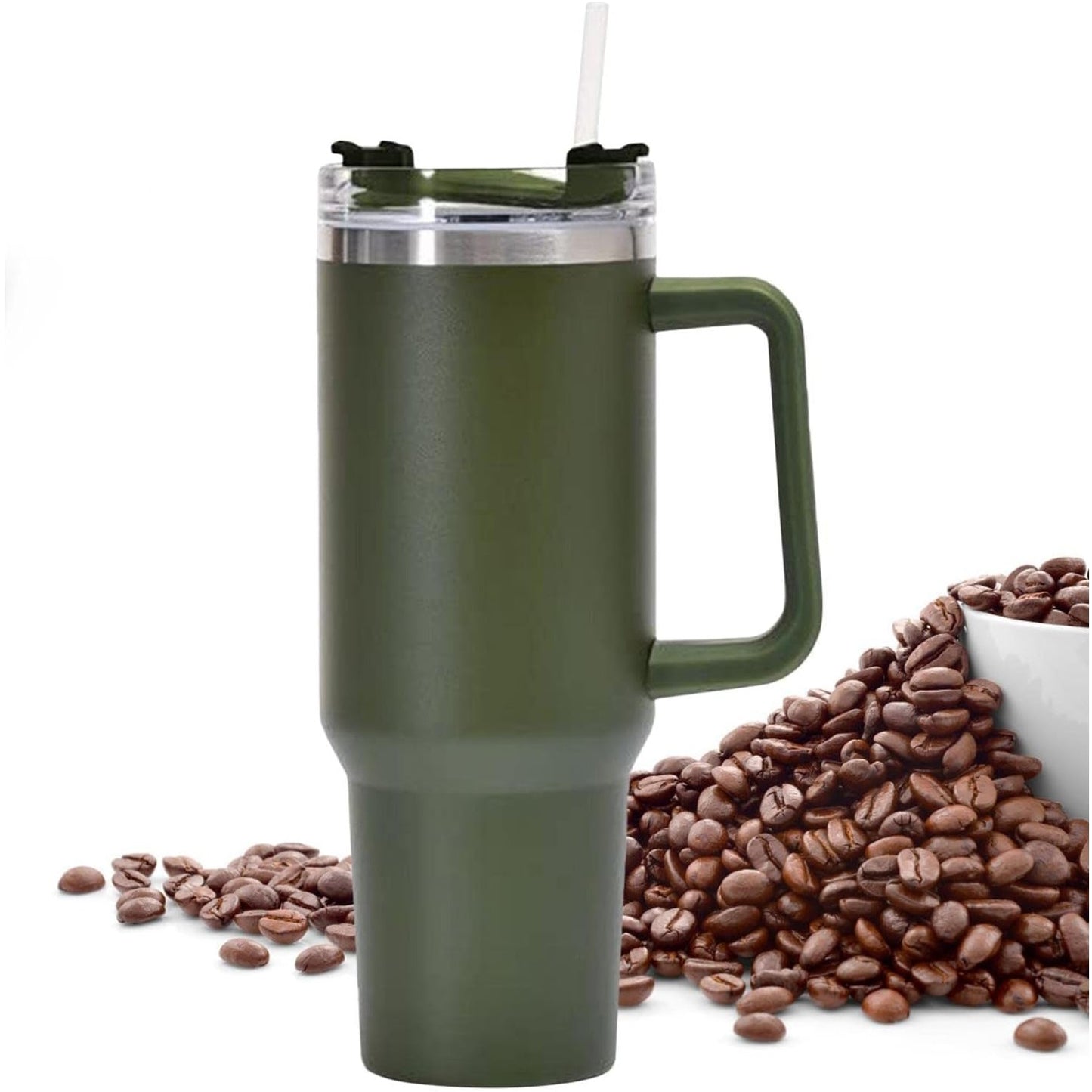Cana Termos cu Maner si Pai, Izolare Termica 6 Ore, Interior Otel Inoxidabil 304 si Plastic Rezistent, 1200 ml, 9.9x9.9x27 cm, Verde Army
