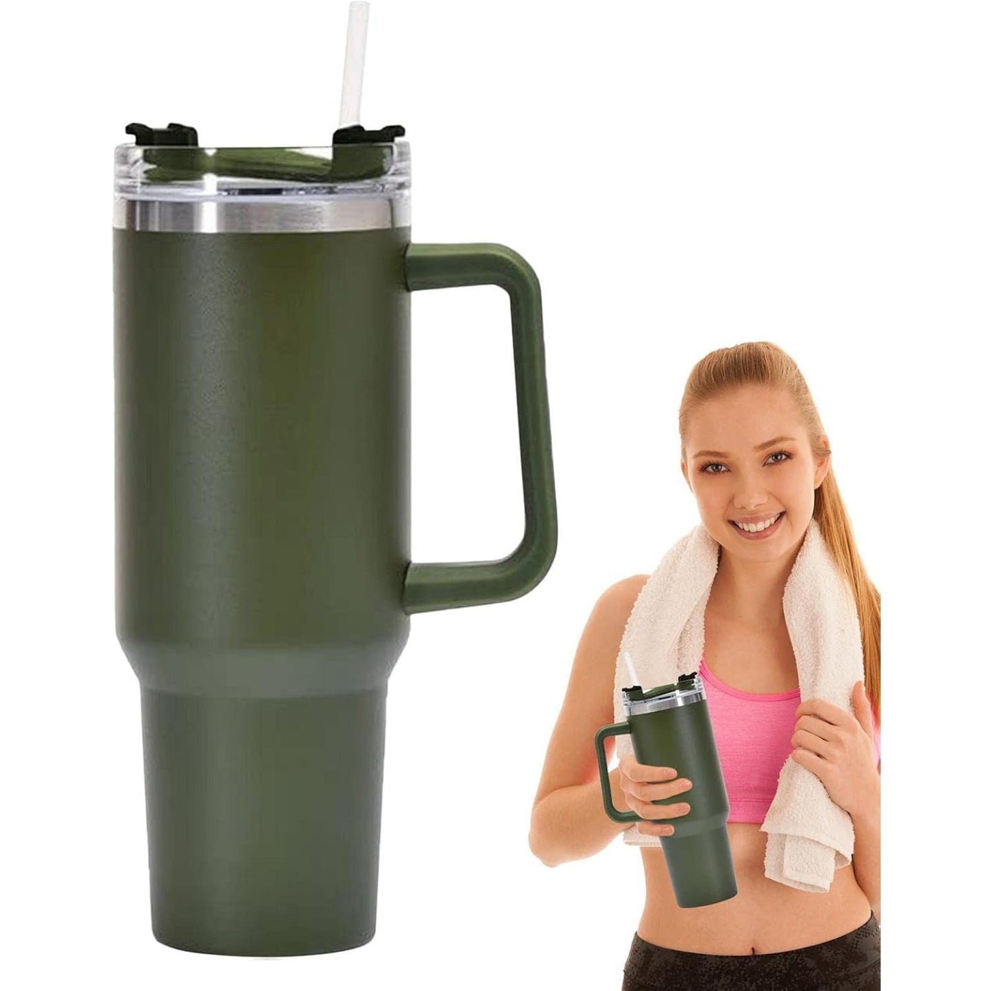 Cana Termos cu Maner si Pai, Izolare Termica 6 Ore, Interior Otel Inoxidabil 304 si Plastic Rezistent, 1200 ml, 9.9x9.9x27 cm, Verde Army