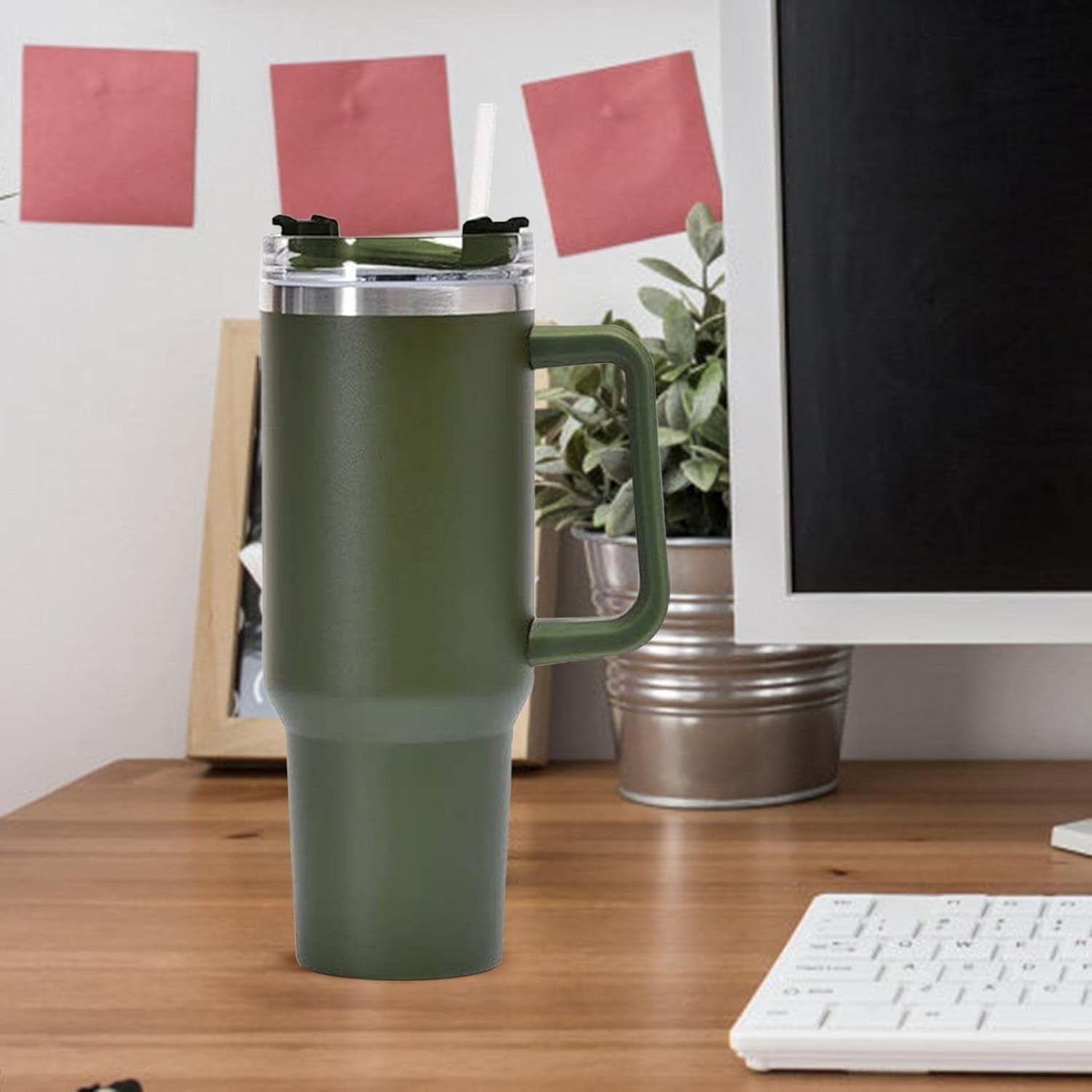 Cana Termos cu Maner si Pai, Izolare Termica 6 Ore, Interior Otel Inoxidabil 304 si Plastic Rezistent, 1200 ml, 9.9x9.9x27 cm, Verde Army