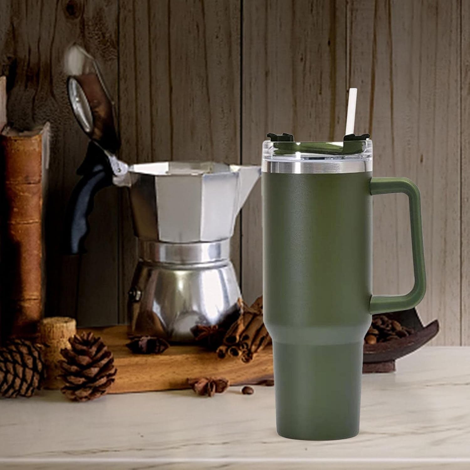 Cana Termos cu Maner si Pai, Izolare Termica 6 Ore, Interior Otel Inoxidabil 304 si Plastic Rezistent, 1200 ml, 9.9x9.9x27 cm, Verde Army