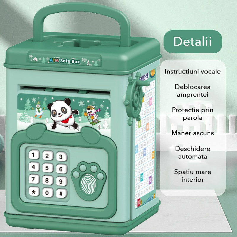 Pusculita pentru Copii Smart Box, Seif Tip ATM cu Efecte Sonore, Parola si Amprenta, Sistem Automat de Depozitare Numerar, Material Plastic, 20 x 13.5 x 11.5 cm, Verde