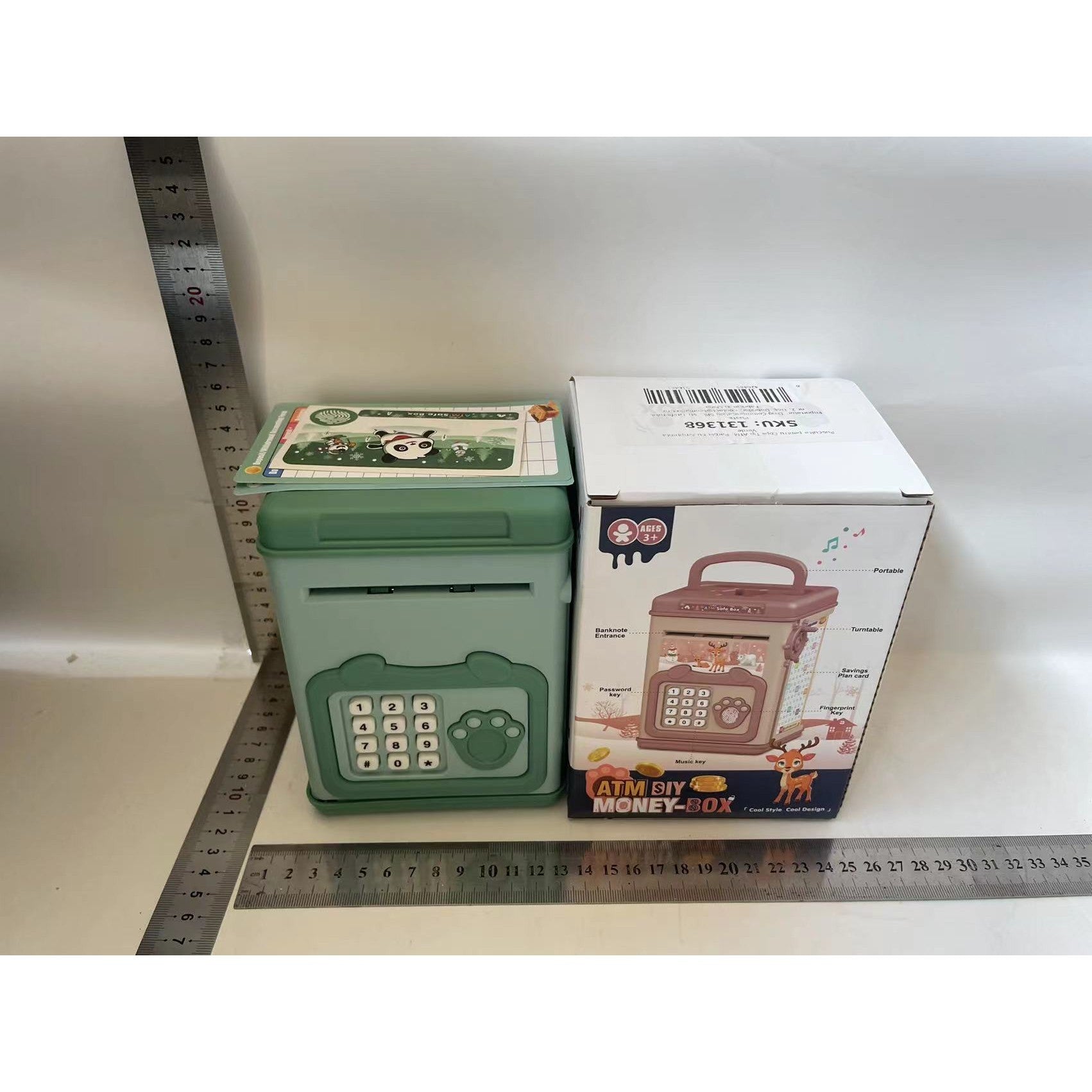 Pusculita pentru Copii Smart Box, Seif Tip ATM cu Efecte Sonore, Parola si Amprenta, Sistem Automat de Depozitare Numerar, Material Plastic, 20 x 13.5 x 11.5 cm, Verde