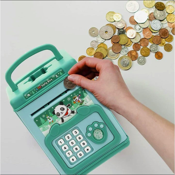 Pusculita pentru Copii Smart Box, Seif Tip ATM cu Efecte Sonore, Parola si Amprenta, Sistem Automat de Depozitare Numerar, Material Plastic, 20 x 13.5 x 11.5 cm, Verde