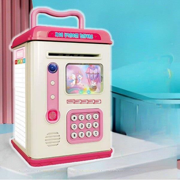Pusculita Interactiva pentru Copii, Model Bancomat ATM cu Parola si Senzor Amprenta, Seif Electronic pentru Bancnote si Monede, Plastic Rezistent, 13.5 x 11.5 x 20 cm, Roz