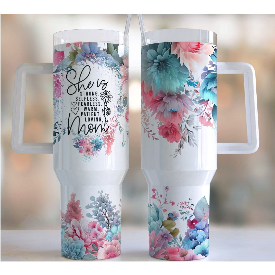 Cana Termos cu Maner si Izolatie Termica, Pahar Reutilizabil pentru Cafea si Ceai, Inox si Plastic, Imprimeu Floral cu Mesaj Mama, Alb, 1200 ml, 10x7.6x27.5 cm