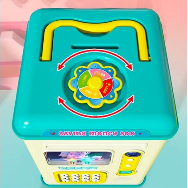 Pusculita Interactiva pentru Copii, Tip Seif ATM cu Parola si Senzor Amprenta, Slot Automat Bancnote si Monede, Plastic Rezistent, 13.5 x 11.5 x 20 cm, Albastru