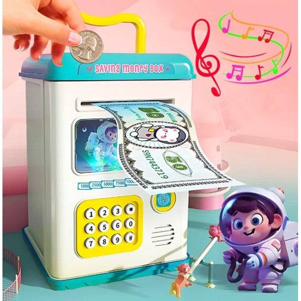 Pusculita Interactiva pentru Copii, Tip Seif ATM cu Parola si Senzor Amprenta, Slot Automat Bancnote si Monede, Plastic Rezistent, 13.5 x 11.5 x 20 cm, Albastru