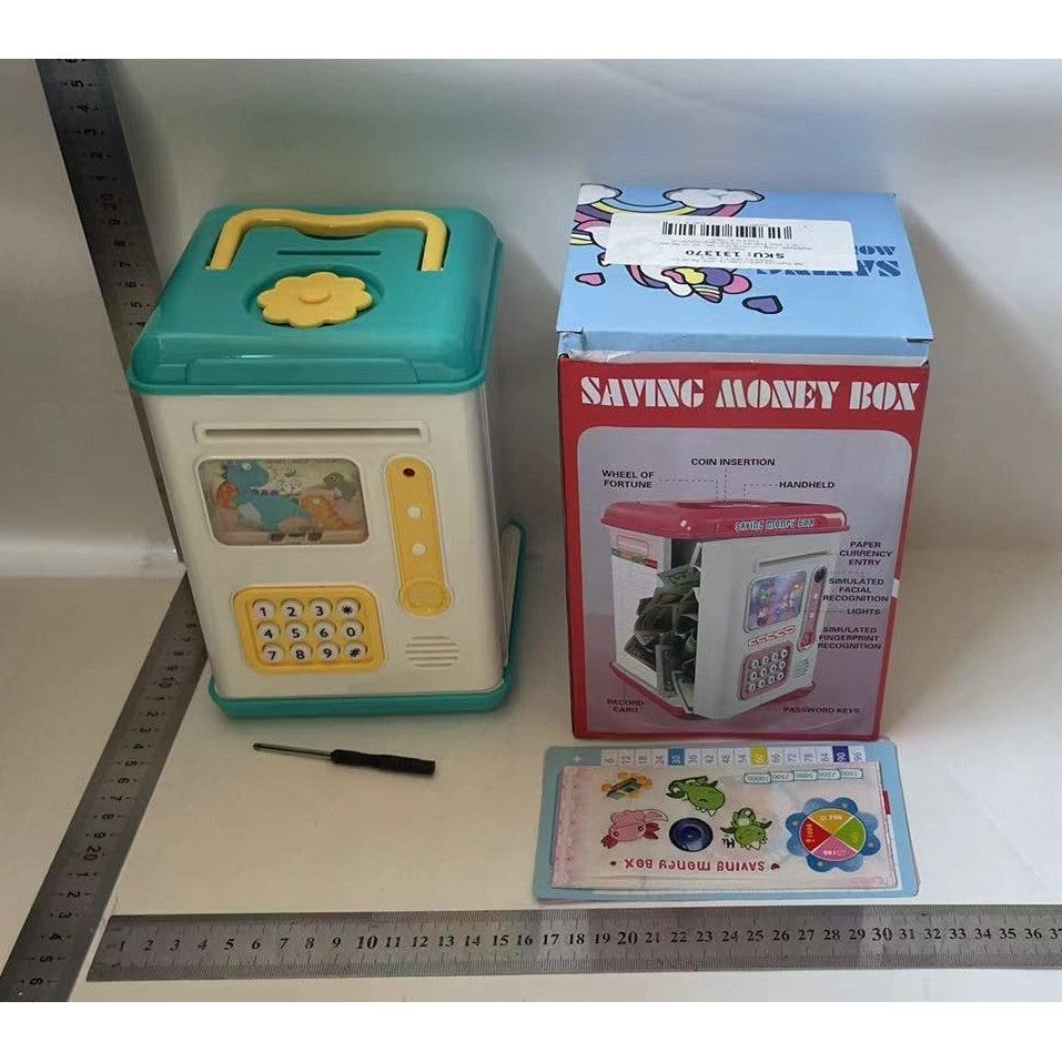Pusculita Interactiva pentru Copii, Tip Seif ATM cu Parola si Senzor Amprenta, Slot Automat Bancnote si Monede, Plastic Rezistent, 13.5 x 11.5 x 20 cm, Albastru
