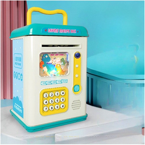 Pusculita Interactiva pentru Copii, Tip Seif ATM cu Parola si Senzor Amprenta, Slot Automat Bancnote si Monede, Plastic Rezistent, 13.5 x 11.5 x 20 cm, Albastru