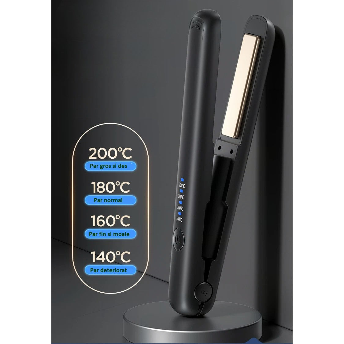 Placa de Par fara Fir pentru Indreptat si Ondulat, Incalzire Rapida 20s, Invelis Ceramic, 4 Trepte de Temperatura 140-200°C, Acumulator 3000 mAh, Portabil, Incarcare USB Tip C, Negru