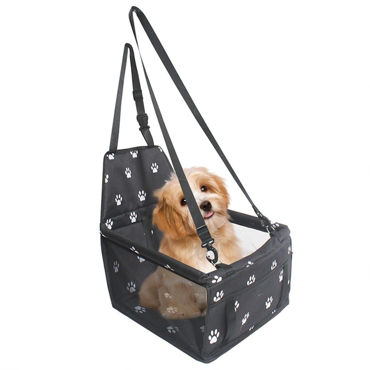 Scaun Auto pentru Animale de Companie, Suport Transport Caini si Pisici cu Centura de Siguranta, Material Oxford Impermeabil si Respirabil, Pliabil, Negru cu Imprimeu, 40x32x42 cm