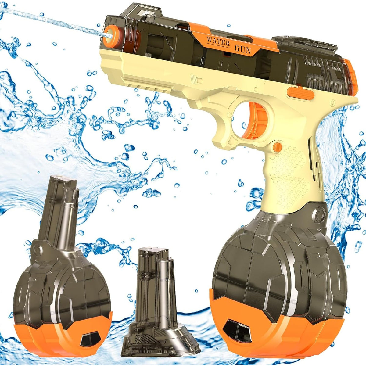 Pistol Cu Apa Electric Automat, Raza Actiune 9m, Baterie Reincarcabila USB, Conectare Furtun, ABS si Silicon, 2 Rezervoare 75/500 ml, Maro