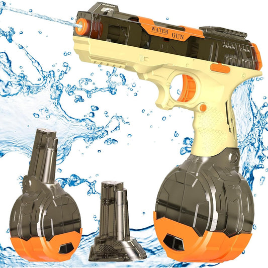 Pistol Cu Apa Electric Automat, Raza Actiune 9m, Baterie Reincarcabila USB, Conectare Furtun, ABS si Silicon, 2 Rezervoare 75/500 ml, Maro