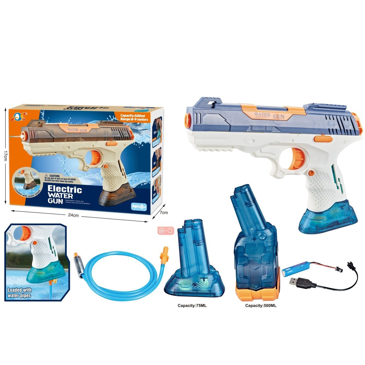 Pistol Cu Apa Electric Automat, Raza Actiune 9m Si Conectare La Furtun, ABS Si Silicon, Baterie 3.7V Cu Incarcare USB, 2 Rezervoare 75ml Si 500ml, Albastru