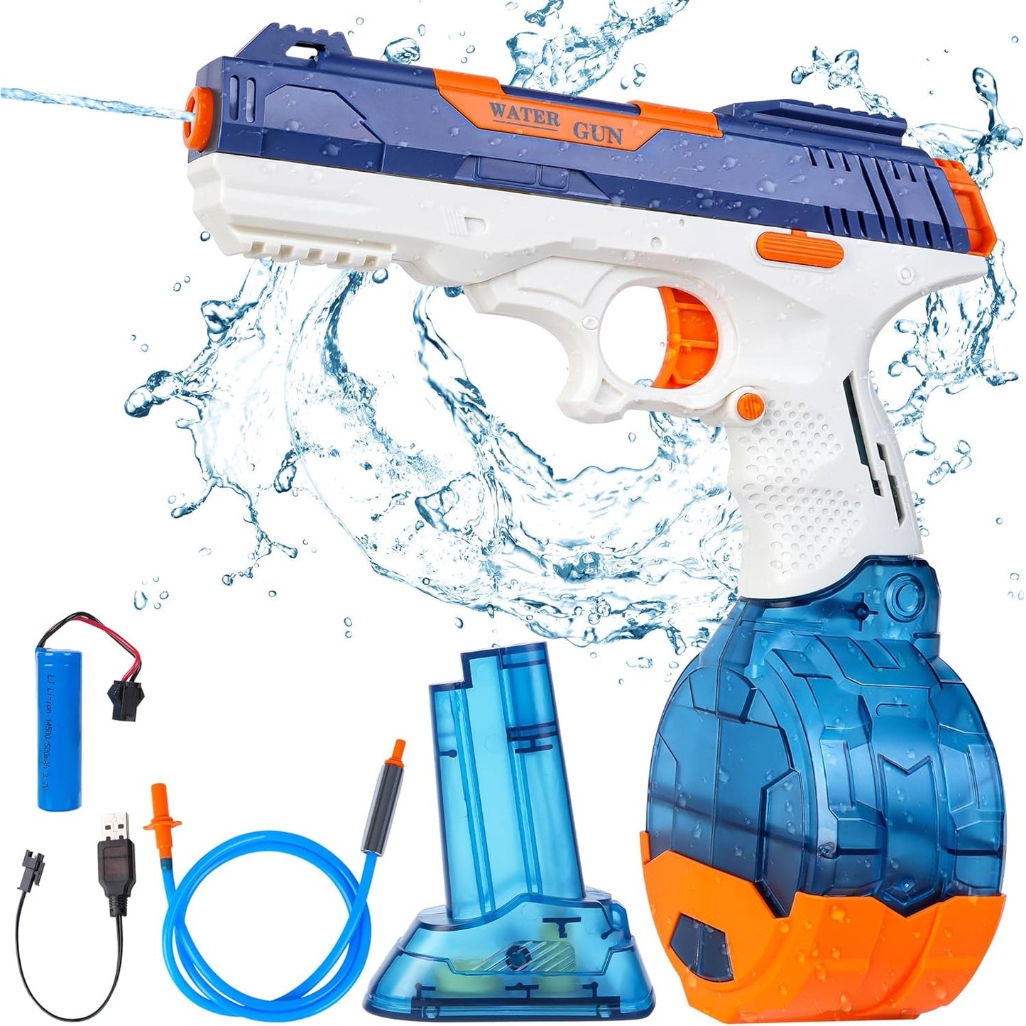 Pistol Cu Apa Electric Automat, Raza Actiune 9m Si Conectare La Furtun, ABS Si Silicon, Baterie 3.7V Cu Incarcare USB, 2 Rezervoare 75ml Si 500ml, Albastru