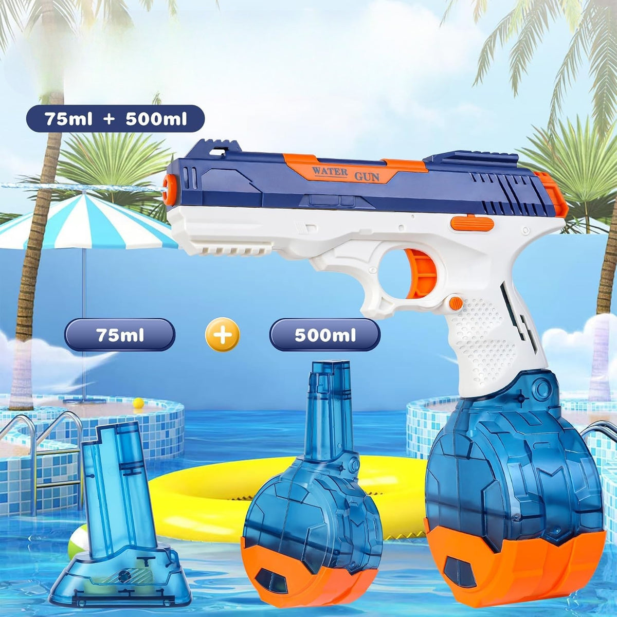 Pistol Cu Apa Electric Automat, Raza Actiune 9m Si Conectare La Furtun, ABS Si Silicon, Baterie 3.7V Cu Incarcare USB, 2 Rezervoare 75ml Si 500ml, Albastru