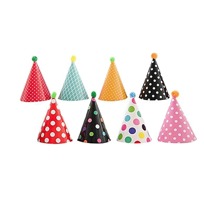 Set 6 Coifuri Petrecere Copii, Palarii Aniversare cu Buline si Dungi, Carton Usor, Multicolor, 24 x 13.5 cm