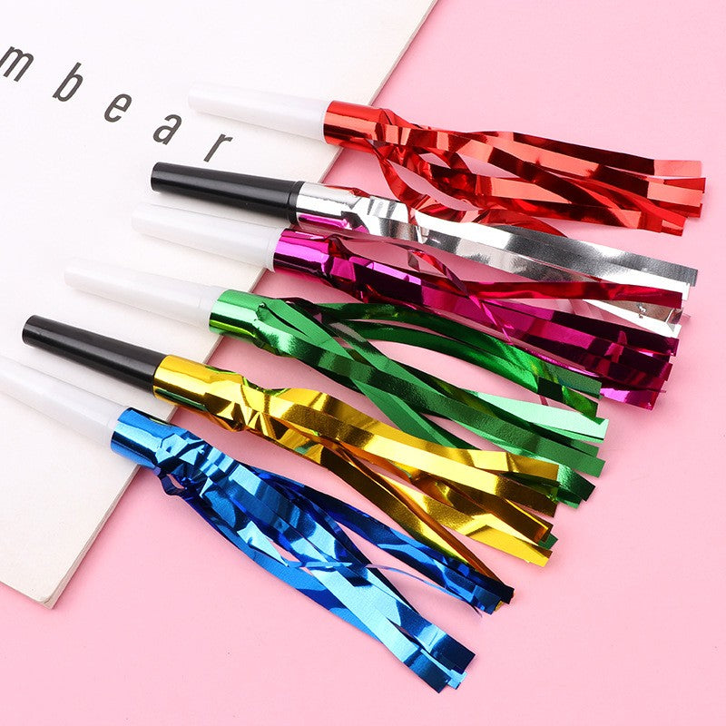 Set Fluiere Party cu Franjuri pentru Copii, Accesorii Aniversare si Evenimente Festive, Plastic, Multicolor, 6 Bucati