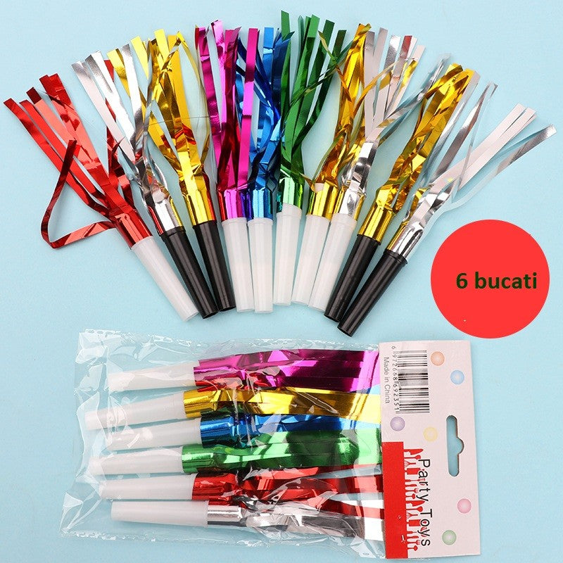 Set Fluiere Party cu Franjuri pentru Copii, Accesorii Aniversare si Evenimente Festive, Plastic, Multicolor, 6 Bucati