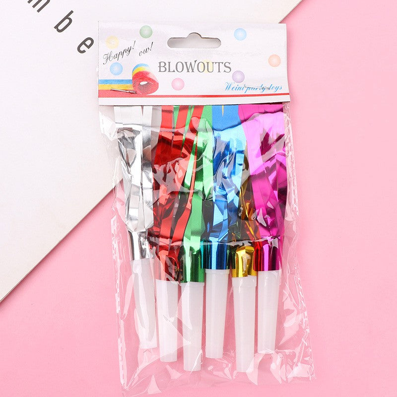 Set Fluiere Party cu Franjuri pentru Copii, Accesorii Aniversare si Evenimente Festive, Plastic, Multicolor, 6 Bucati