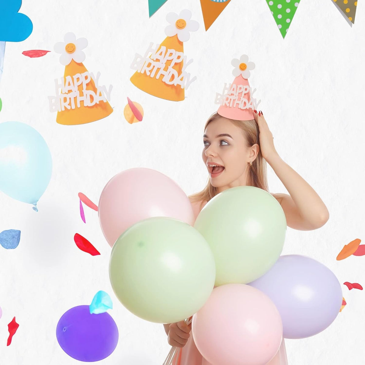 Set 3 Coifuri Happy Birthday pentru Aniversare, Coifuri Petrecere cu Floare din Spuma, Material Rezistent, Multicolor, Set 3 Bucati