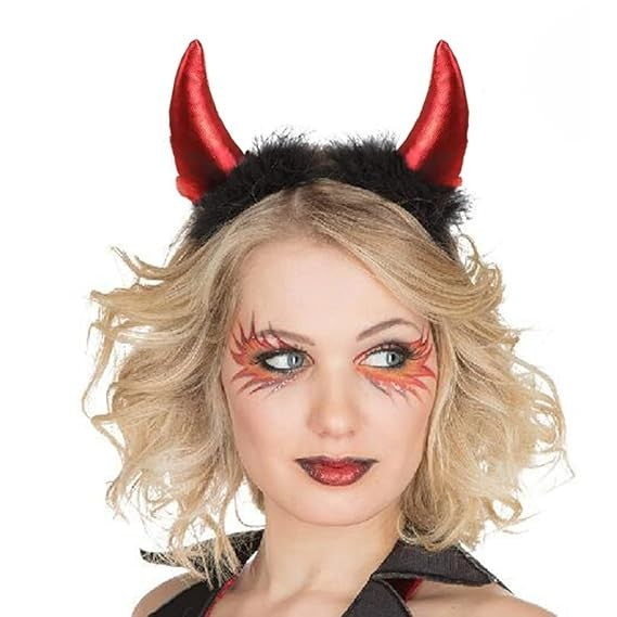 Bentita Deghizare Diavol, Cornite Devil cu Satin si Puf, Plastic si Plus, Rosu Satinat si Negru, Marime Universala