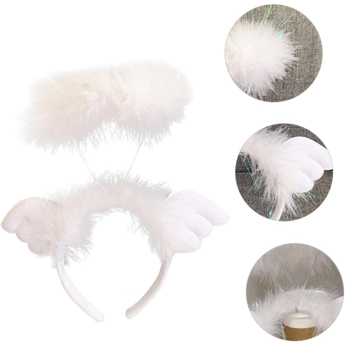 Bentita Ingeras cu Aura pentru Copii, Coronita Serbare din Pene si Material Textil, Accesorii Deghizare, Marime Universala, Alb