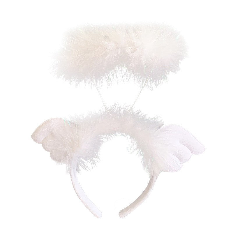 Bentita Ingeras cu Aura pentru Copii, Coronita Serbare din Pene si Material Textil, Accesorii Deghizare, Marime Universala, Alb