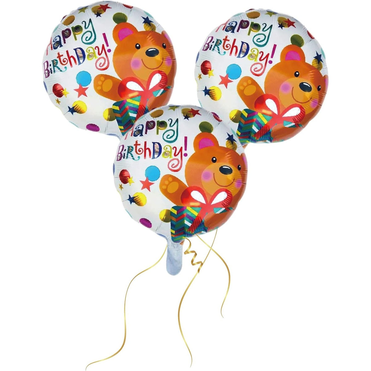 Balon Aniversar Happy Birthday, Figurina Rotunda cu Ursulet, Folie Metalizata, Umflare Aer sau Heliu, Pai Inclus, 45 cm, Maro