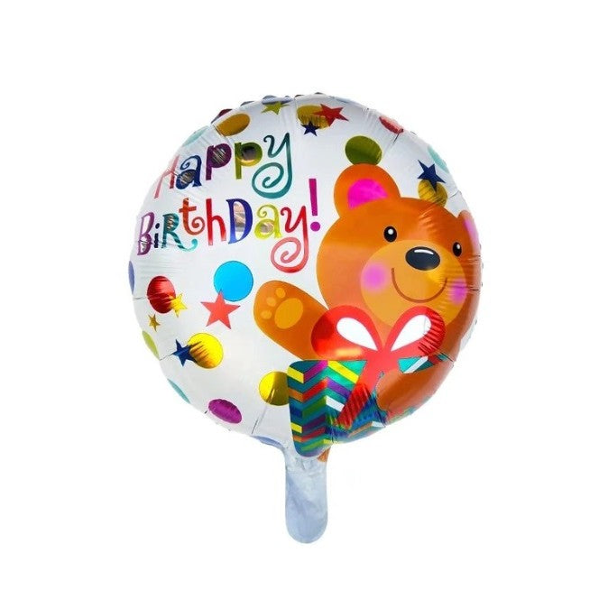 Balon Aniversar Happy Birthday, Figurina Rotunda cu Ursulet, Folie Metalizata, Umflare Aer sau Heliu, Pai Inclus, 45 cm, Maro
