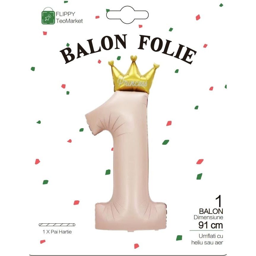 Balon din Folie Metalizata Cifra 1, Figurina cu Coroana Printesa, Umflare Aer sau Heliu, Roz, 91 cm