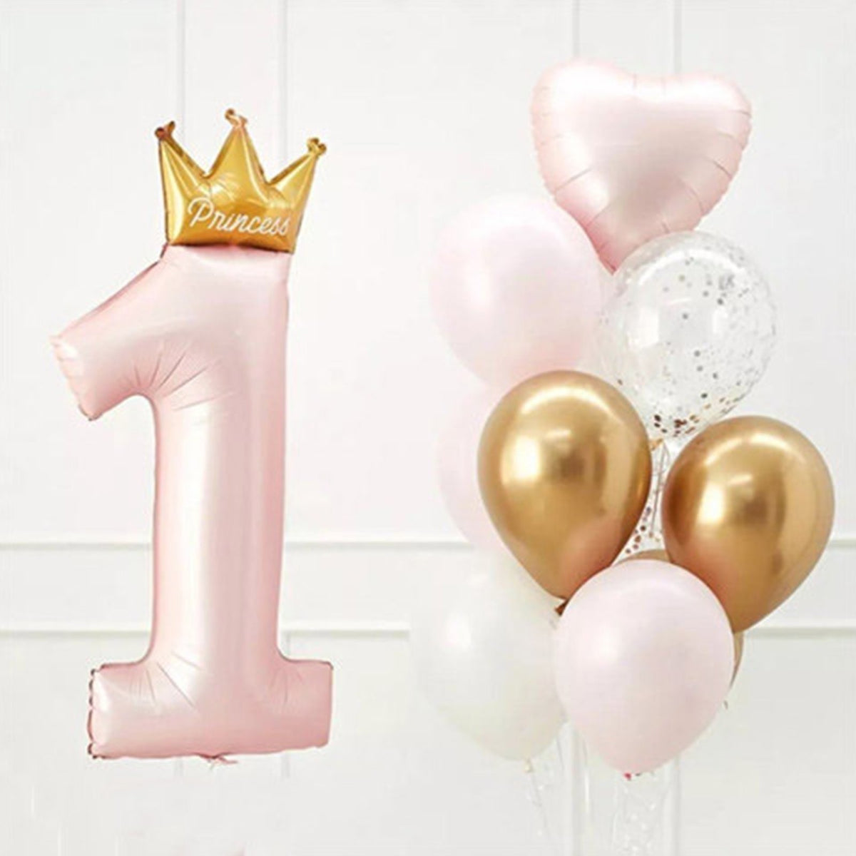 Balon din Folie Metalizata Cifra 1, Figurina cu Coroana Printesa, Umflare Aer sau Heliu, Roz, 91 cm
