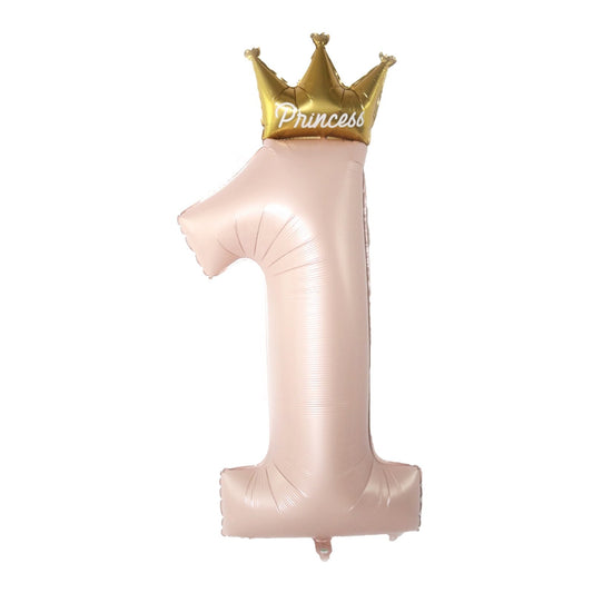 Balon din Folie Metalizata Cifra 1, Figurina cu Coroana Printesa, Umflare Aer sau Heliu, Roz, 91 cm