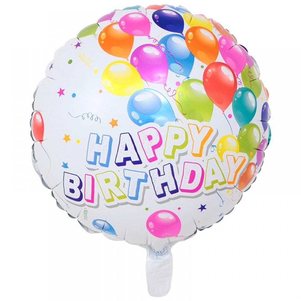 Set 3 Baloane Happy Birthday, Figurina Rotunda din Folie Metalizata, Umflare cu Aer sau Heliu, Diametru 45 cm, Pai Inclus, Multicolor